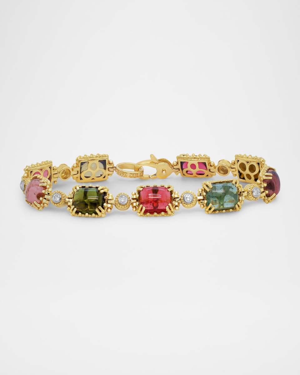 18K Yellow Gold Multicolor Tourmaline Bracelet with Diamonds, 7"L